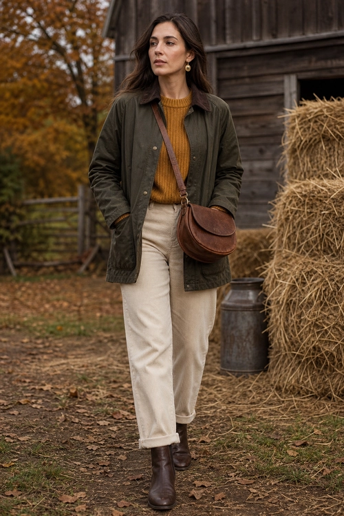 Rustic Autumn Layered Outfit Woman wearing an olive jacket over a mustard sweater with cream trousers, brown ankle boots, and a brown crossbody bag in a rustic autumn setting.