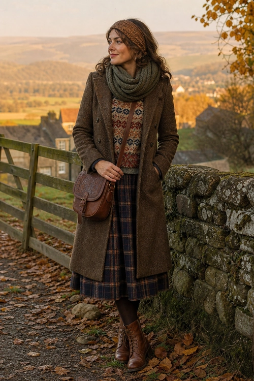 Rustic Autumn Layered Outfit A layered autumn outfit featuring a brown long coat, gray scarf, patterned knit sweater, plaid skirt, tights, brown boots, and a leather satchel.