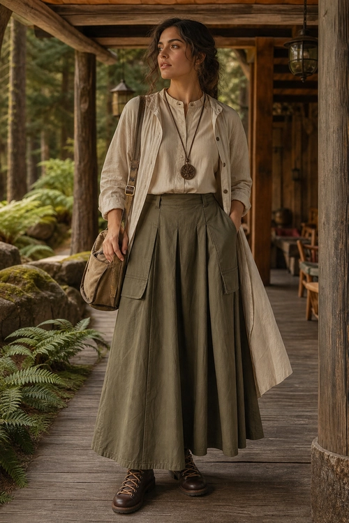 Rustic Utility Maxi Skirt Outfit A woman wears a cream blouse, long beige vest, olive pleated maxi skirt, brown lace-up boots, and a crossbody bag on a wooden porch.
