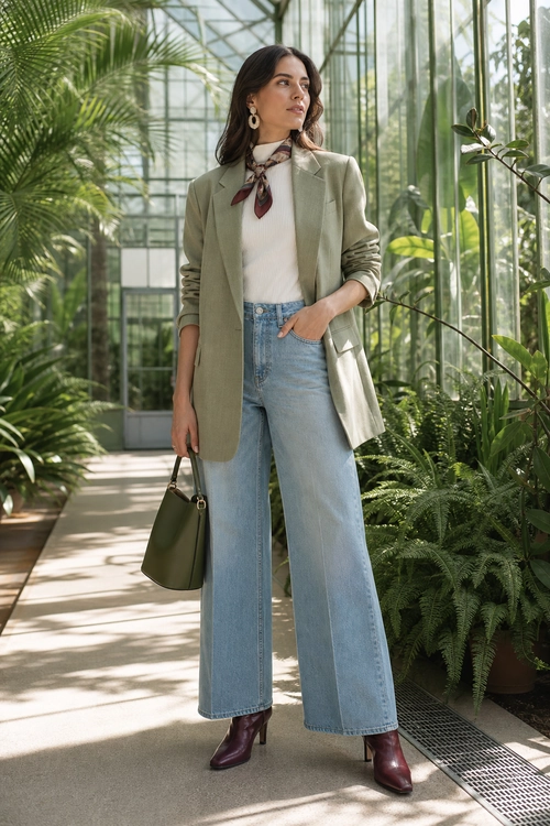 Sage Blazer and Wide-Leg Jeans Outfit A woman wears a sage green blazer over a white top with a patterned neck scarf, light-wash wide-leg jeans, burgundy ankle boots, and an olive handbag.