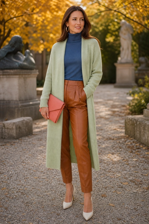 Sage Cardigan and Brown Trousers Outfit A woman wears a long sage green cardigan over a navy turtleneck with brown trousers, cream pointed heels, and a coral clutch.