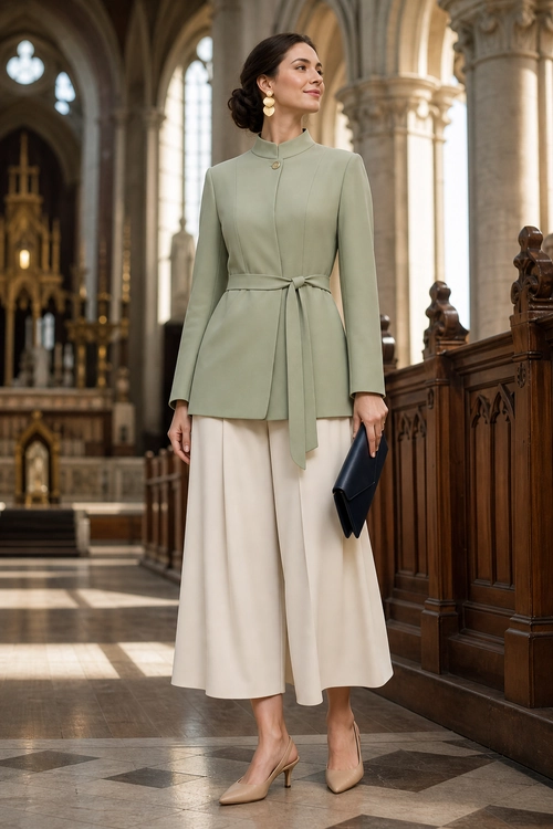 Sage Green Belted Jacket Outfit Woman wearing a sage green belted jacket with cream wide-leg culottes, nude pointed heels, gold earrings, and a navy clutch.
