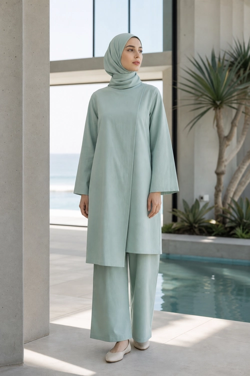 Sage Green Modest Tunic Set A person wearing a sage green hijab, long tunic, wide-leg trousers, and off-white flat shoes.