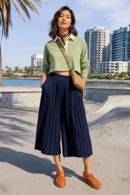 A woman wears a sage green cropped long-sleeve top with a neck scarf, navy pleated culottes, orange sandals, and a tan crossbody bag.