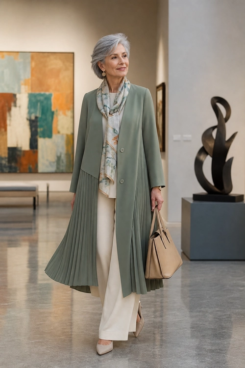Sage Green Pleated Coat Outfit A woman wears a sage green pleated long coat with an ivory scarf, cream wide-leg trousers, beige pointed pumps, and a tan handbag.