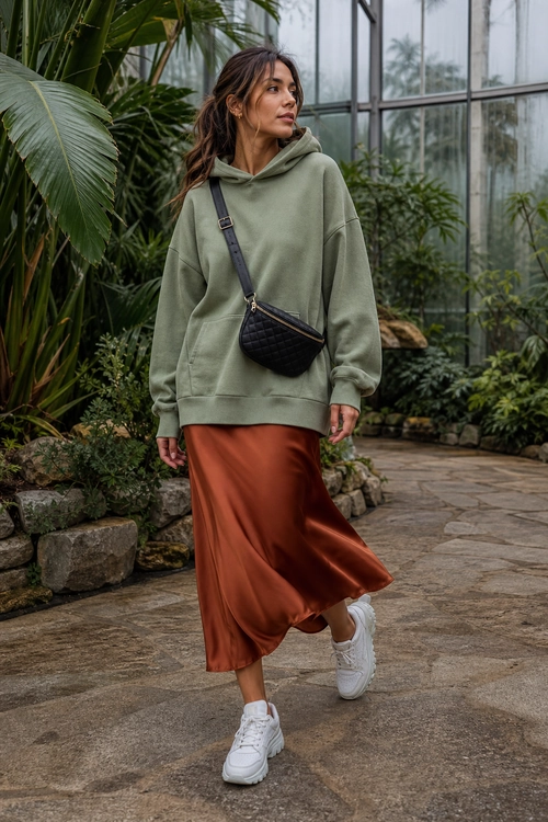 A sage green hoodie is styled with a rust satin midi skirt, white sneakers, and a black quilted crossbody bag.