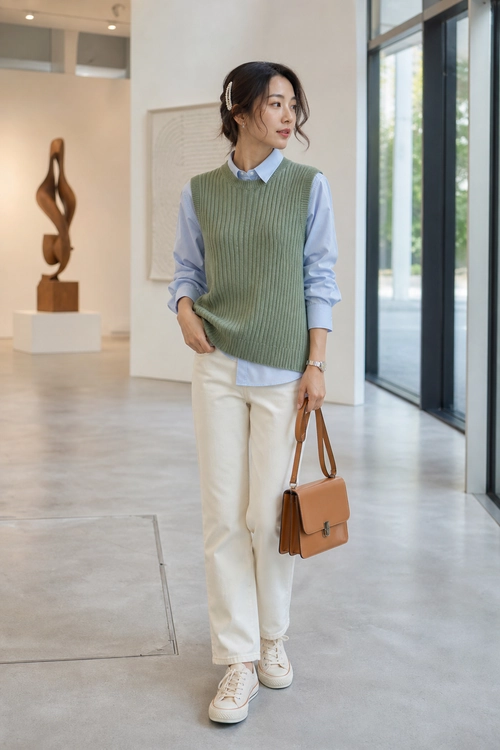 Sage Sweater Vest Outfit A woman wears a sage green ribbed sweater vest over a light blue shirt with cream pants, white sneakers, and a tan structured handbag.