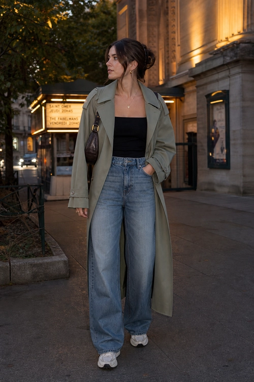 A woman wears a sage-green long trench coat over a black top with high-waisted wide-leg jeans, white sneakers, and a dark shoulder bag.