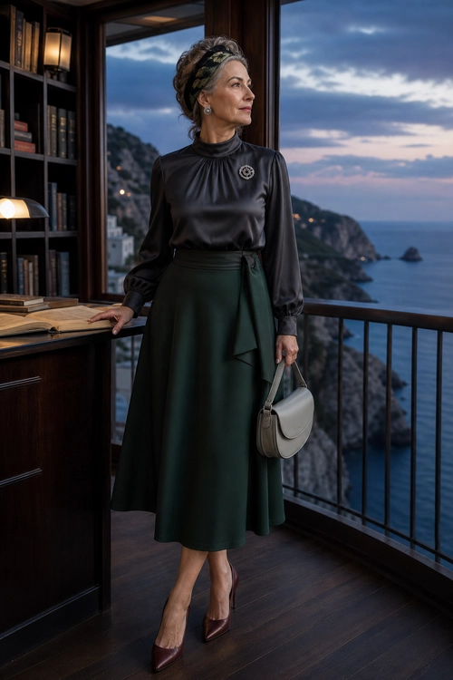 Elegant Satin Blouse and Dark Green Midi Skirt A woman wears a black satin high-neck blouse with a dark green midi skirt, burgundy heels, a gray shoulder bag, and a patterned headband.