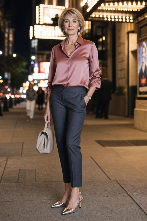 A woman wears a blush satin button-up blouse tucked into dark tailored ankle trousers with metallic pointed heels and a light handbag.
