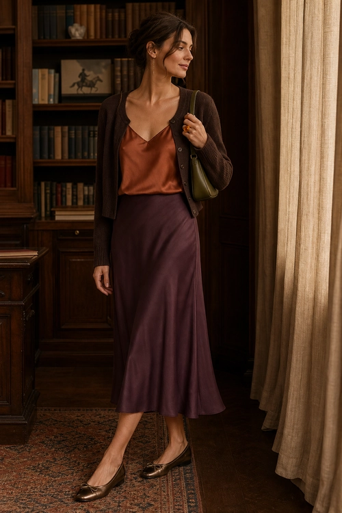 Satin Skirt and Cardigan Outfit Woman wearing a brown cardigan over a rust satin camisole with a plum midi skirt, olive shoulder bag, and brown flats.
