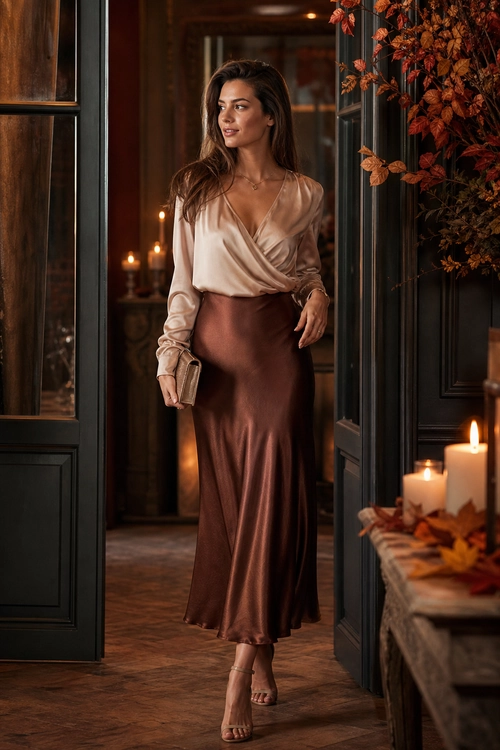A woman wears a champagne satin wrap blouse with a brown satin maxi skirt, strappy heeled sandals, and a clutch.