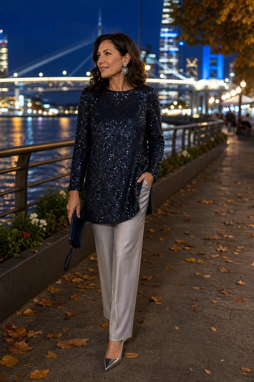 A woman wears a dark sequined long-sleeve tunic with light gray trousers, pointed metallic heels, statement earrings, and a black clutch.