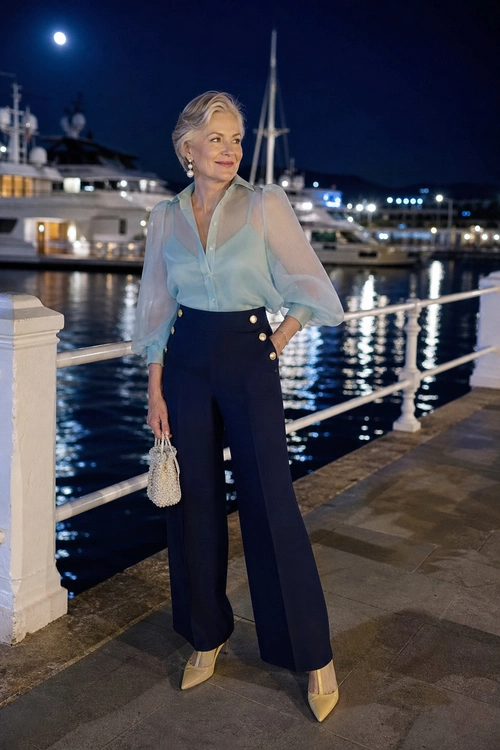 Woman wearing a sheer light blue blouse with navy wide-leg trousers, gold pointed heels, and a small beaded handbag by the waterfront at night.