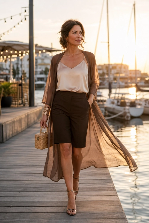 Woman wearing a sheer brown long duster over a beige camisole with dark Bermuda shorts, strappy sandals, and a woven handbag on a marina boardwalk.