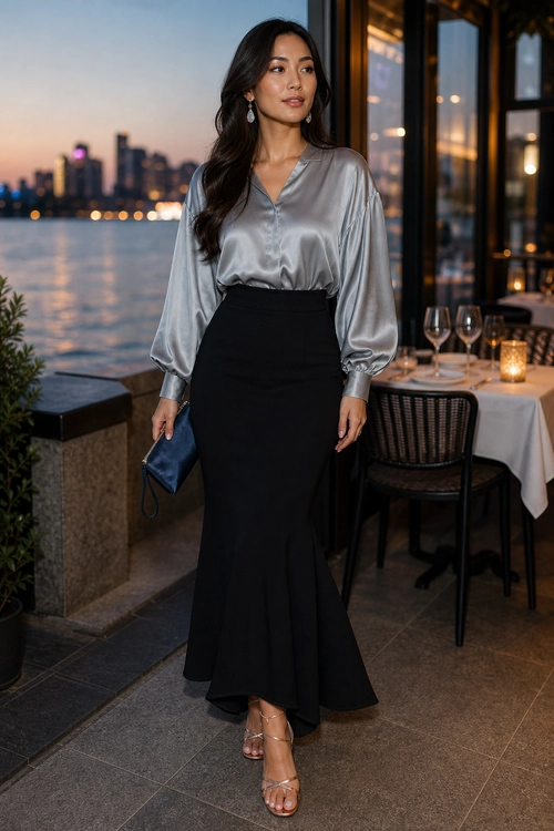 Silver Blouse and Black Maxi Skirt A woman wears a silver satin blouse with voluminous sleeves, a black maxi skirt, a blue clutch, and strappy nude sandals.
