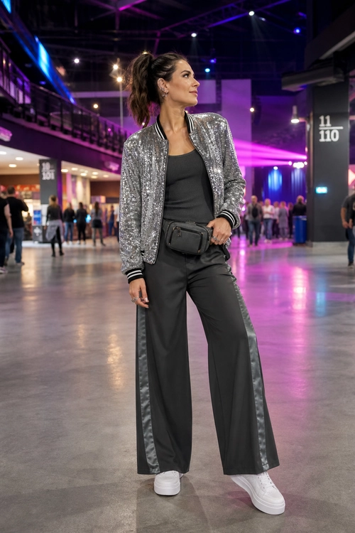A woman wears a silver sequin bomber jacket over a charcoal tank top with wide-leg trousers, a black waist bag, and white sneakers.