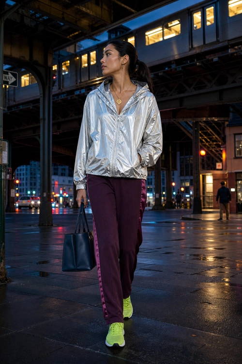 A woman wears a metallic silver hooded jacket, burgundy jogger pants, and neon green sneakers while carrying a dark handbag on a city street.
