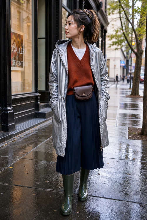 Person wearing a silver hooded raincoat over a rust sweater and white top with a navy pleated skirt, green rain boots, and a brown crossbody bag on a wet city sidewalk.