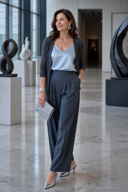 Slate Trousers with Satin Camisole Woman wearing a dark gray cardigan, light blue satin camisole, slate wide-leg trousers, silver pointed heels, and carrying a light gray clutch.