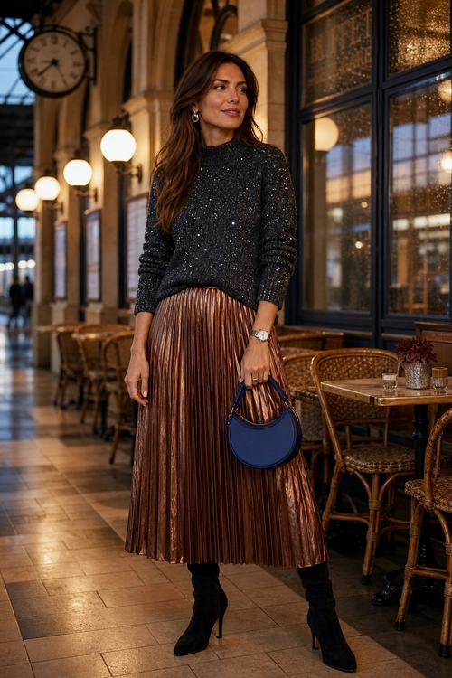 Woman wearing a charcoal sequin sweater, bronze pleated midi skirt, black heeled boots, and carrying a blue handbag.