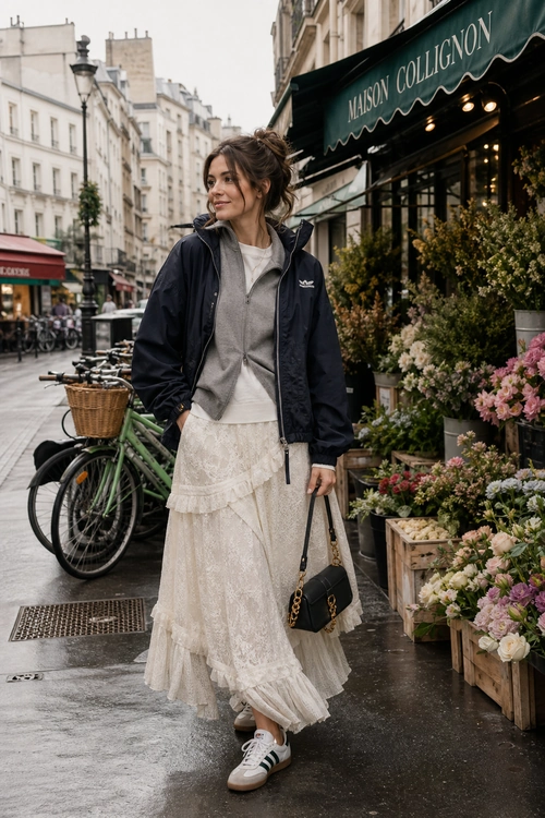 Woman wearing a navy hooded jacket, gray sweater, cream tiered lace skirt, white sneakers, and a black shoulder bag on a city street.