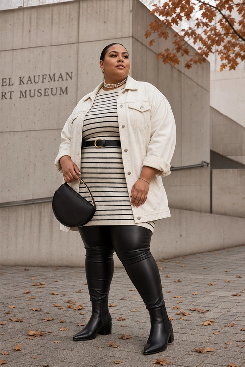 A fashion outfit featuring a cream utility jacket over a black-and-cream striped knit dress, black belt, leather-look leggings, black heeled boots, and a rounded shoulder bag.