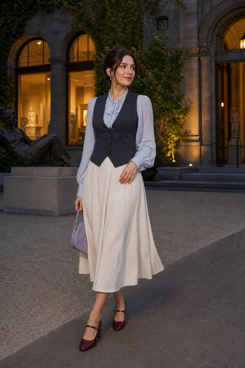 Tailored Vest and Midi Skirt Outfit A woman wears a charcoal tailored vest over a light blouse with a cream midi skirt, burgundy Mary Jane shoes, and a lavender handbag.