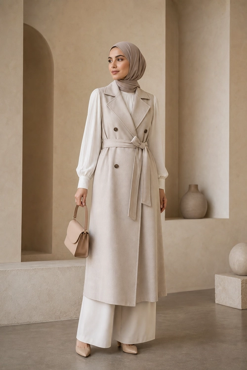 Taupe Belted Vest Outfit A modest outfit featuring a taupe belted long vest over a white blouse and wide-leg trousers, styled with a matching hijab, handbag, and pointed shoes.