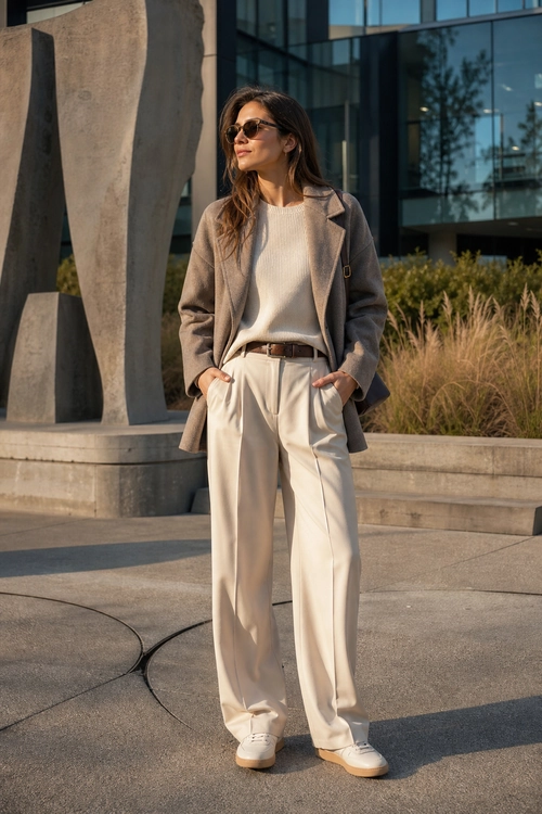 Woman wearing a taupe blazer, cream knit top, wide-leg trousers, sunglasses, and light sneakers.