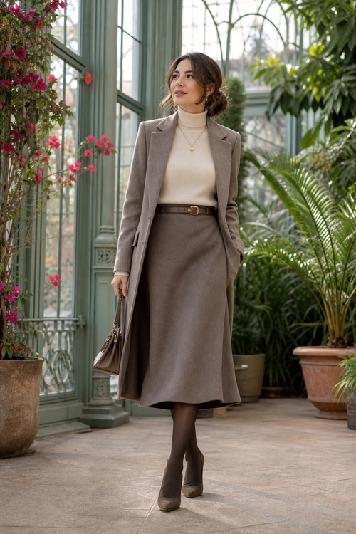 Taupe Blazer and Midi Skirt Look A woman wears a taupe blazer, cream turtleneck, matching midi skirt, brown belt, tights, ankle boots, and a structured handbag.