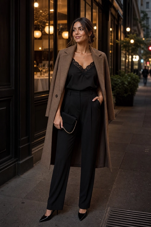 Taupe Coat and Black Tailored Outfit A woman wears a taupe long coat over a black lace-trim camisole and high-waisted wide-leg trousers with pointed heels and a chain-detail clutch.