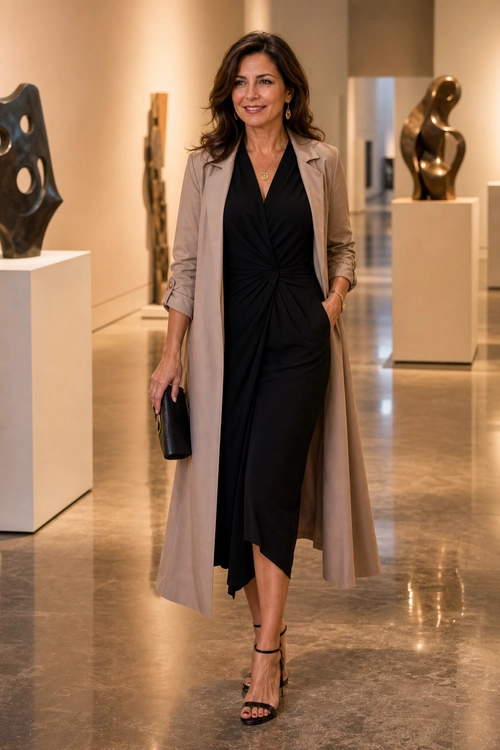 A woman wears a long taupe coat over a black wrap-style midi dress with black strappy heels and a black clutch.