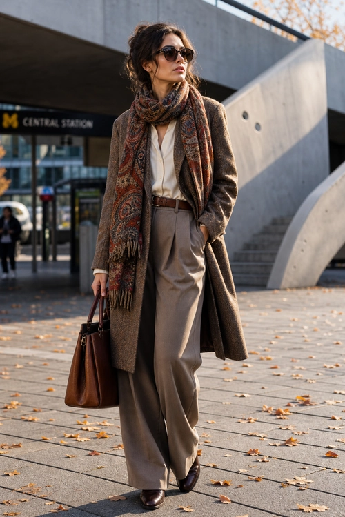 A woman wears a long taupe coat, patterned scarf, cream blouse, wide-leg trousers, sunglasses, and carries a brown leather tote outside a station.