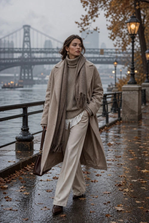 A woman wears a long taupe coat, ribbed turtleneck sweater, fringed scarf, white shirt, wide-leg trousers, and dark brown boots.