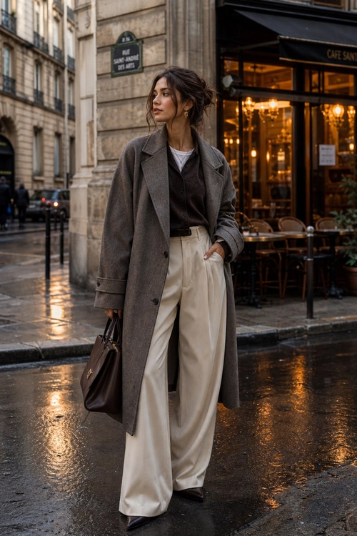A woman wears a long taupe coat over a dark brown sweater and cream wide-leg trousers while standing on a rainy city street.