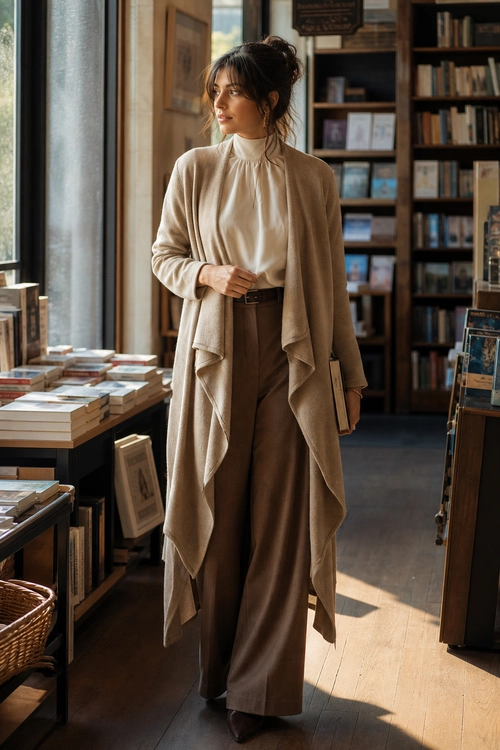 Taupe Draped Cardigan and Wide-Leg Trousers A woman wears a taupe draped cardigan over a cream high-neck blouse with brown wide-leg trousers in a bookstore.