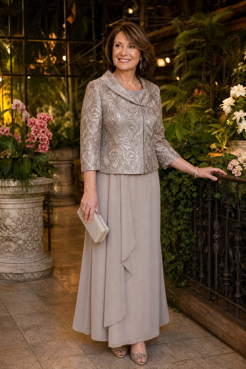 Taupe Jacket and Long Dress A woman wears a taupe patterned jacket over a flowing long dress with an envelope clutch and open-toe heels.