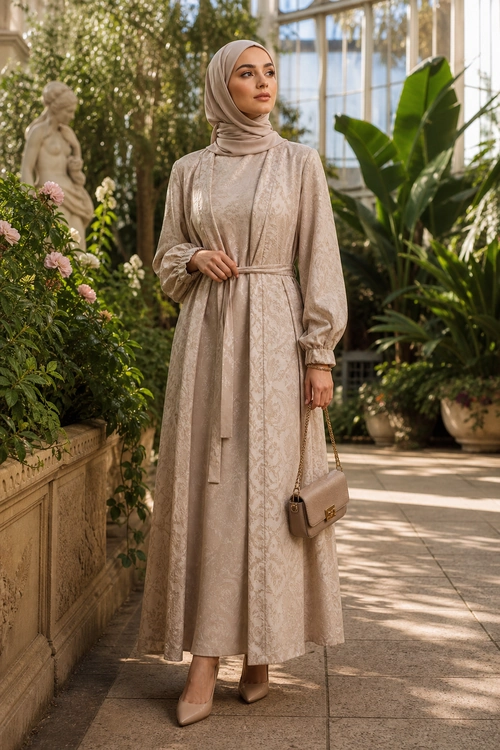 A woman wearing a taupe hijab and long belted modest dress with matching heels and a structured handbag.
