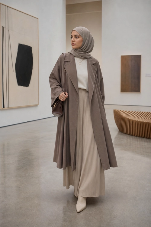 A woman wears a taupe hijab and long coat over a light top and pleated beige skirt with a brown shoulder bag in an art gallery.