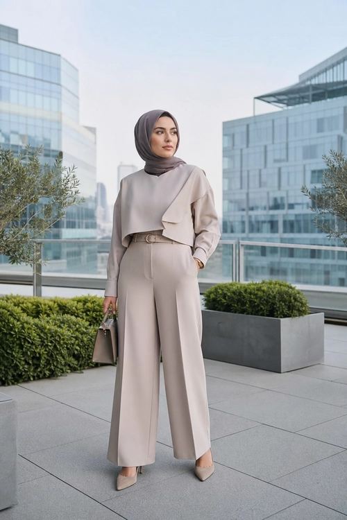 Taupe Modest Tailored Outfit A woman wears a taupe hijab, cropped long-sleeve top, belted wide-leg trousers, pointed heels, and a structured handbag.