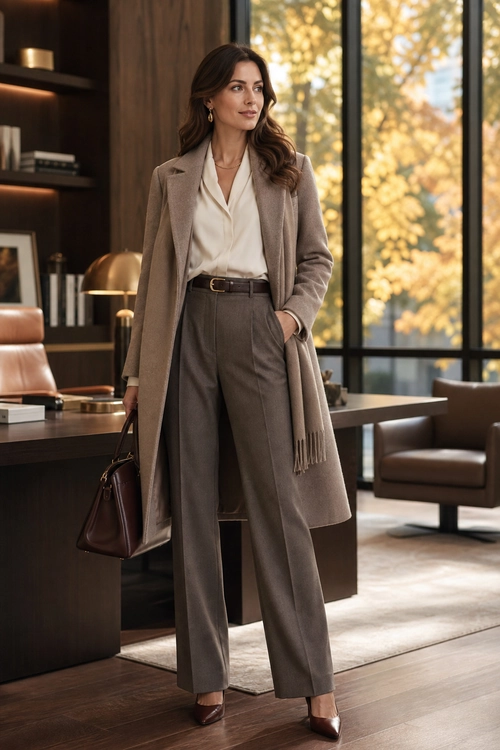 Woman wearing a long taupe coat, cream blouse, wide-leg gray trousers, brown heels, and carrying a structured brown handbag.