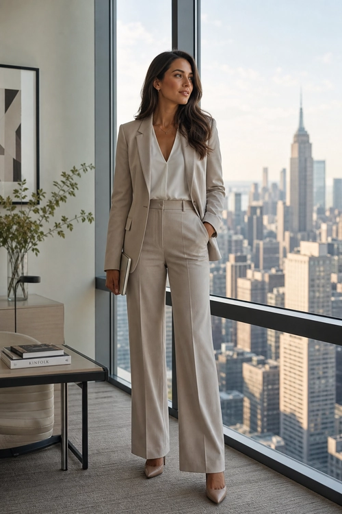 Taupe Tailored Suit Look Woman wearing a taupe blazer, ivory blouse, and high-waisted wide-leg trousers with pointed heels in a modern office overlooking the city.