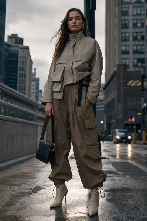 A person wears a taupe utility jacket and wide-leg cargo jumpsuit with pointed ankle boots and a black shoulder bag on a city sidewalk.