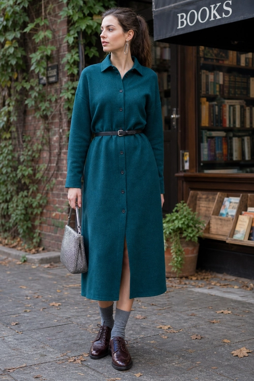 Teal Belted Shirt Dress Outfit A teal long-sleeve shirt dress cinched with a black belt, styled with gray socks, brown lace-up shoes, and a silver textured handbag.