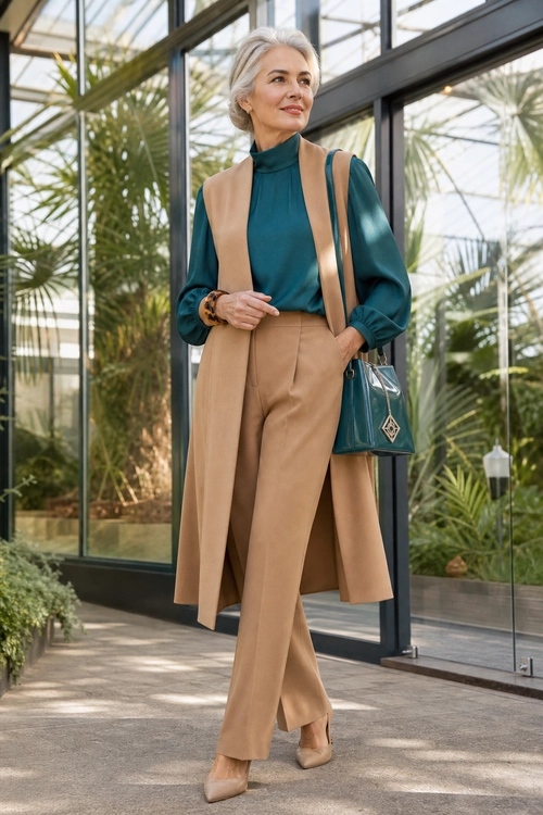 Teal Blouse and Camel Vest Outfit A teal high-neck blouse is styled with a long camel vest, high-waisted wide-leg trousers, beige shoes, and a teal handbag.