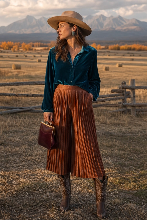 Teal Blouse and Pleated Skirt Western Outfit A woman wears a teal long-sleeve blouse, copper pleated midi skirt, tan wide-brim hat, brown cowboy boots, and burgundy handbag.