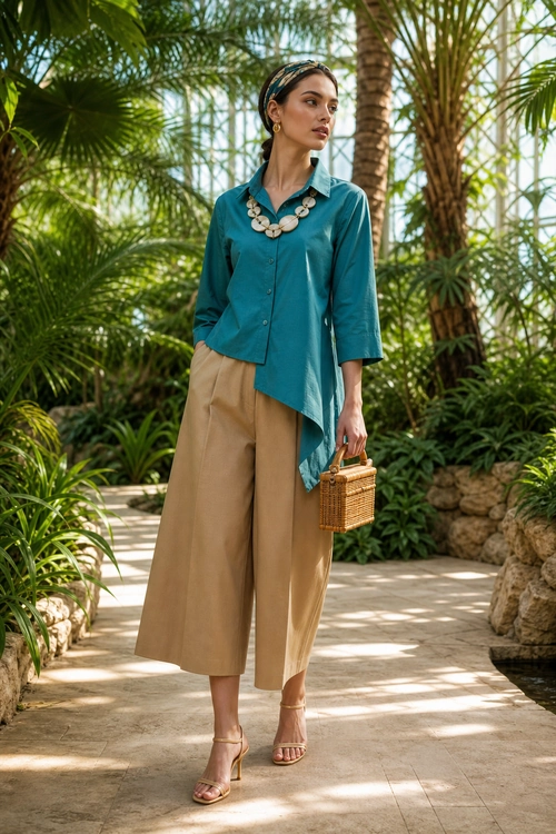 Teal Blouse with Cropped Wide-Leg Pants Woman wearing a teal button-front blouse, cropped beige wide-leg pants, strappy sandals, a statement necklace, and carrying a woven handbag.