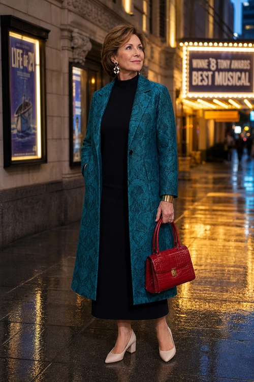 Teal Coat and Black Dress Outfit A woman wears a teal patterned coat over a black high-neck dress with nude pointed pumps and carries a red handbag.