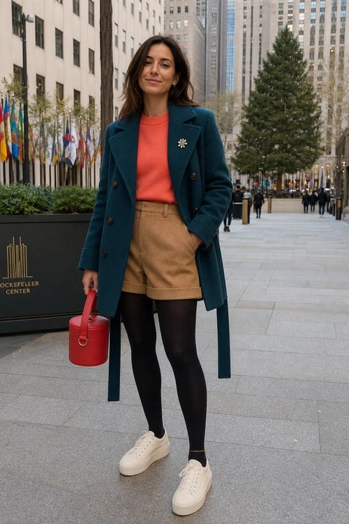 A woman wears a teal double-breasted coat over a coral sweater with tan shorts, black tights, cream sneakers, and a red handbag.